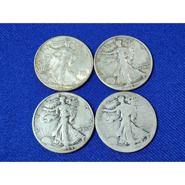 x4 Assorted Years 90% Silver Walking Liberty Half Dollars FV: $2.00