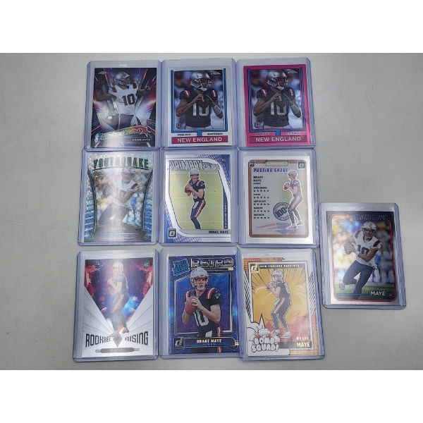 Assorted Drake Maye New England Patriots Football Trading Cards in Protective Holders