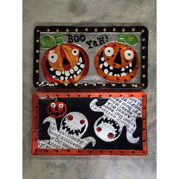 Brand New! Two Festive 15''x8.5" Glass Food Safe Halloween Serving Trays -No Shipping Available 