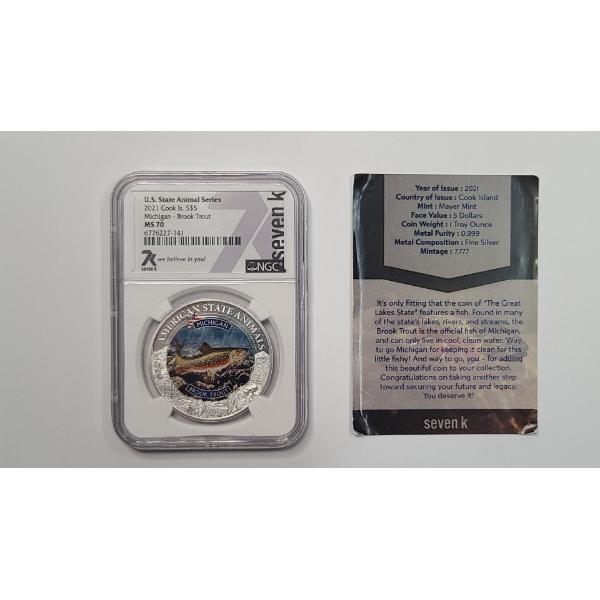 NGC 2021 Cook Islands MS70 U.S State Animals Series Michigan Brook Trout 1 Troy Oz .999 Fine Silver 