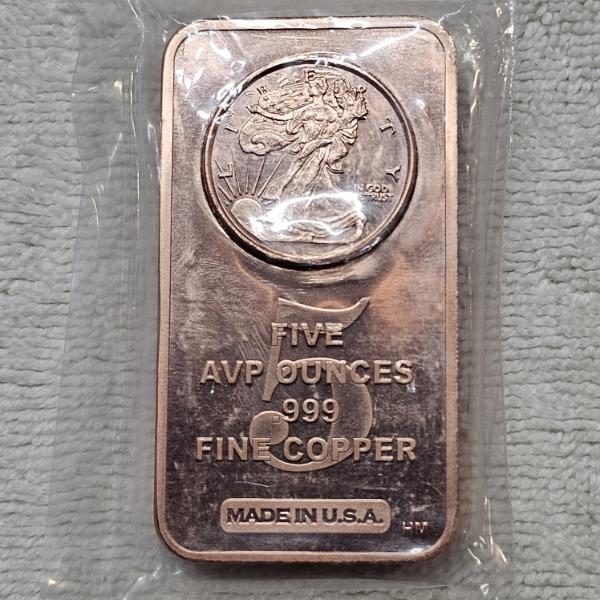 5 AVDP Ounce Walking Liberty .999 Fine Copper Bullion Bar