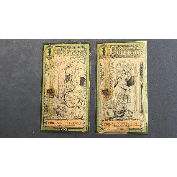 (2) 2020 & 2021 1/1000th Troy Ounce 24K Gold 1 Goldback Notes - New Hampshire & Nevada 