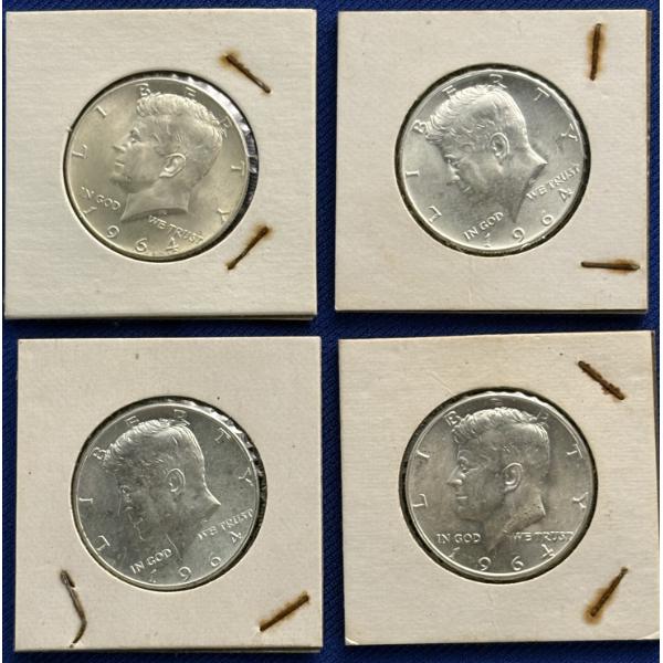 Lot of 4 90% Silver 1964 Kennedy Half-Dollars, FV $2.00