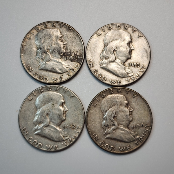 Four Assorted Years United States 90% Silver Franklin Half Dollars - FV: $2.00