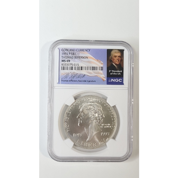 NGC 1993-P MS 69 Thomas Jefferson 250th Anniversary Commemorative 90% Silver Dollar