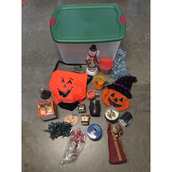 Storage Tote With Holiday Decor Including Snow Globe, Light Up Snow Man, Wind Sock & More!