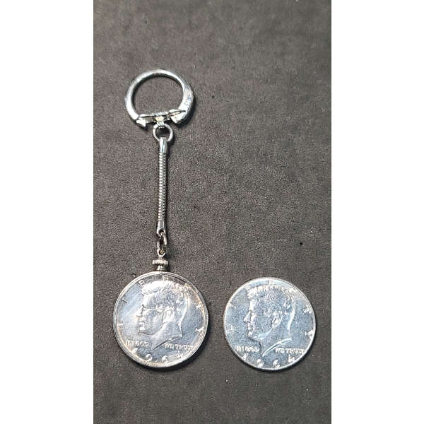 (2) 1964 90% Silver Kennedy Half Dollars - One Is In Keychain Bezel - Face Value: $1.00