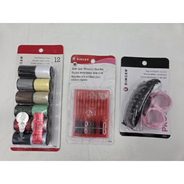 New Singer Wrist Pin Cushion, Threaded Needles & 12 Spools Of Thread