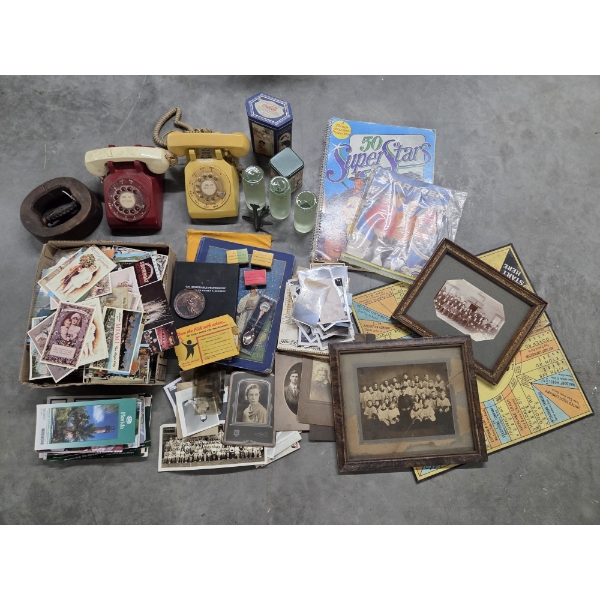 Neat Vintage Collectables Including- 2 Telephones, Tons Of Vintage Postcards, Photographs, Maps