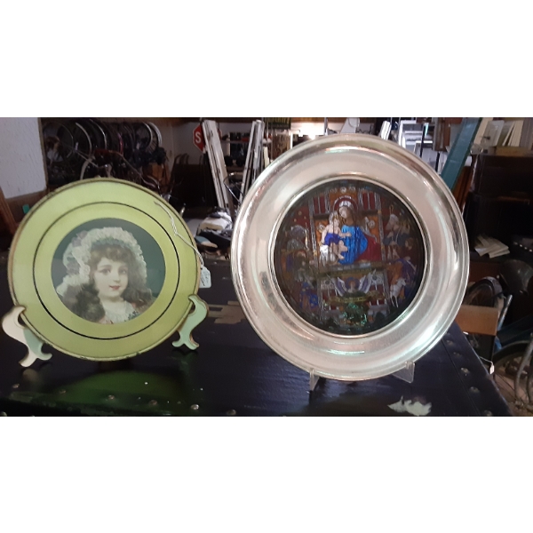 Two (2) Pc Round Framed Decor - Pewter Stained Glass Religious & Young Victorian Girl