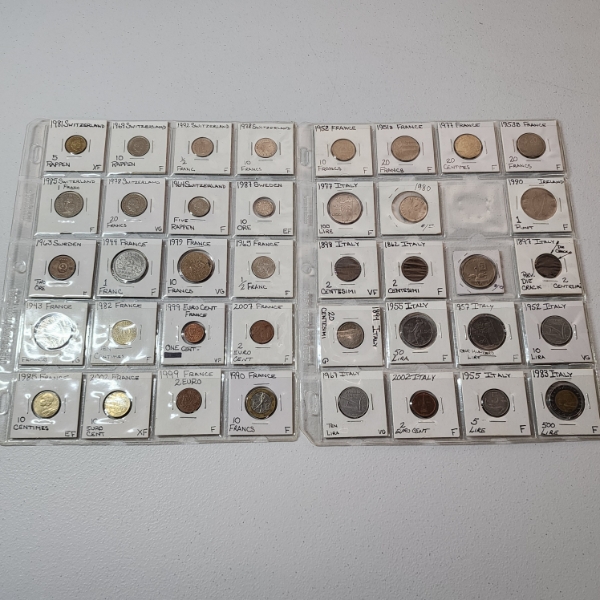 Two Binder Pages Filled with Assorted World Coins: Switzerland, France, Sweden, Italy, & More!
