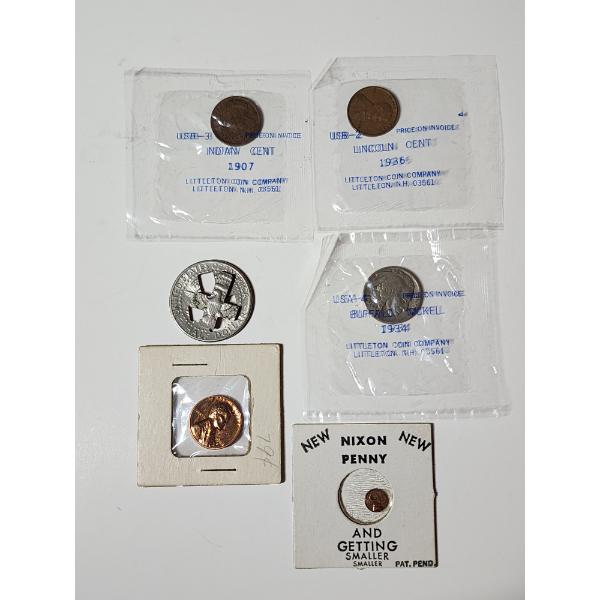 Littleton Coin Co. Cents, Nickel, Cross Cutout Kennedy, Proof-Like Cent, Nixon Small Penny
