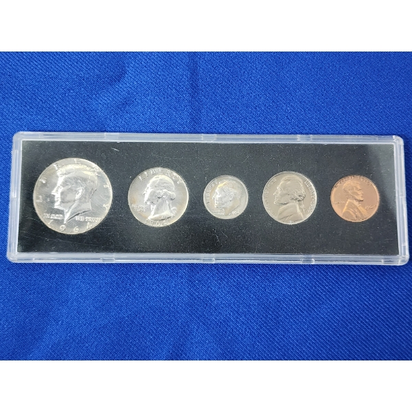United States 1964 5-Coin Set Including 90% Silver Half Dollar, Quarter, and Dime 