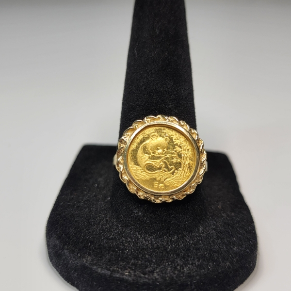14K Yellow Gold Bezel Ring w/ 1/20th oz .999 Fine Gold Chinese Panda Coin - TW: 3.8g