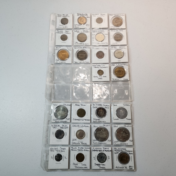 Two Binder Pages of Assorted Tokens/Medals: Bus Tokens, Commemoratives, Sales Tax, & More! 