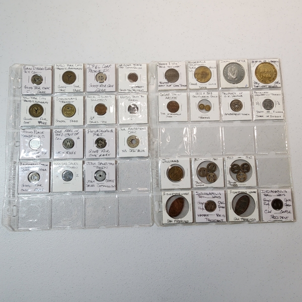 Two Binder Pages of Assorted Tokens/Medals: Bus Tokens, Commemoratives, Sales Tax, & More! 