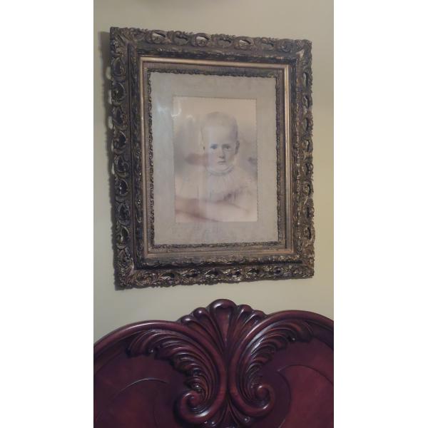 Antique Elaborate Frame & Hand Colored Child Photo Under Glass - 27" x 24" Overall