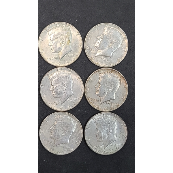 United States 1966, 1967, 1969 Philadelphia/Denver Mint 40% Silver Kennedy Half Dollars - FV: $3.00