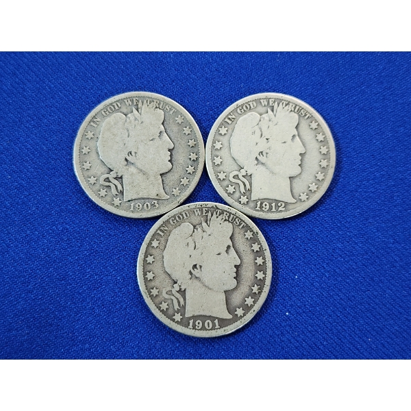 x3 United States Barber Half Dollars: 1901, 1912, 1903 - 90% Silver - FV: $1.50