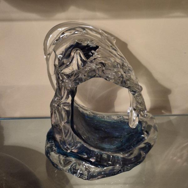 Clear & Blue Crystal Wave Art Glass Sculpture 10 x 11 Overall - Excellent Condition