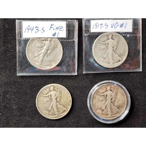 $2 Face Value in Assorted 90% Silver United States Walking Liberty Half Dollars Including 1917-S 