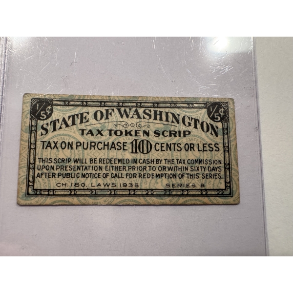 1935 State of Washington Brown Tax Token Script - Mint Condition