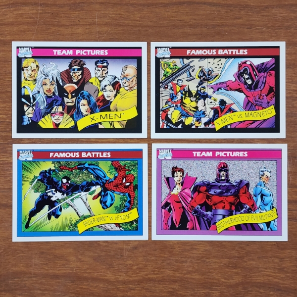 Four 1990 Impel Marvel Trading Cards Ft. Team Pictures & Famous Battles Including Venom & Magneto