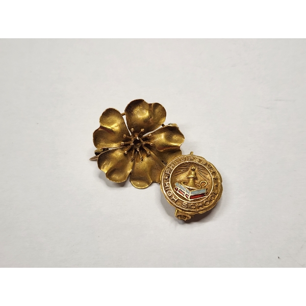 Two 10K Gold Pendants: Flower and Phillipsburg High School - Total Weight: 3.2g