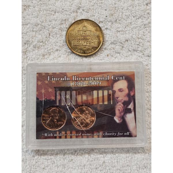 Lincoln Bicentennial Cents in Protective Display Case Plus Football Hall of Fame Commeorative Coin