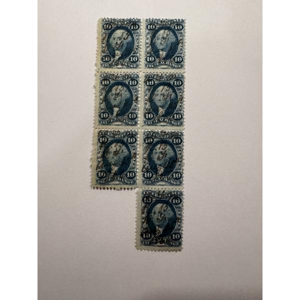 Super Rare Civil War 10 Cent U.S. Washington Revenue Stamps - Block Of 7 - Excellent Condition