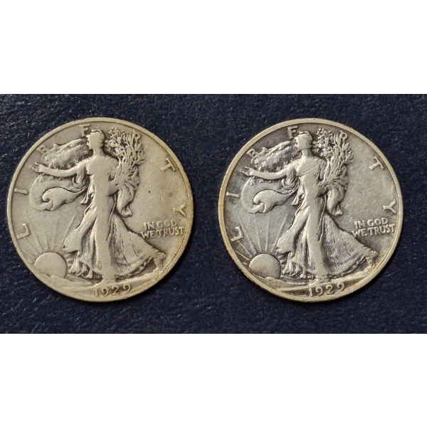 2 Pcs - 1929 D & 1929 S Walking Liberty Halve Dollars 