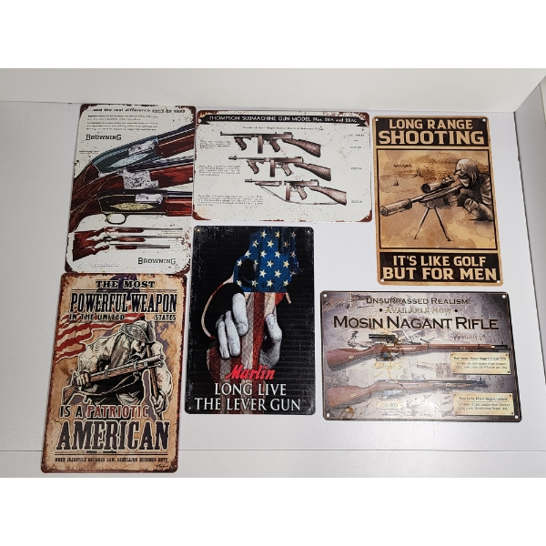 Lot of 6 Gun, Tactical, & USA Theme Collectible Metal Hanging Signs Approx. 11.5 x 8in 