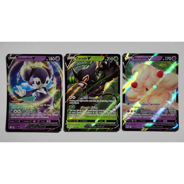 Three Holo Rare "V" Pokemon Trading Cards Including Zarude V
