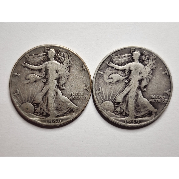 Two Walking Liberty 90% Silver Half Dollars ~ 1946 & 1939-S ~ $1.00 Face Value
