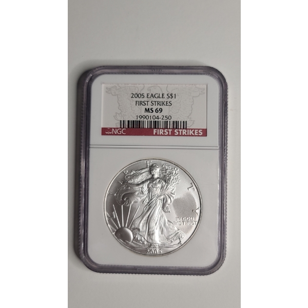 NGC 2005 MS 69 First Strikes 1 Troy Ounce .999 Fine Silver American Eagle