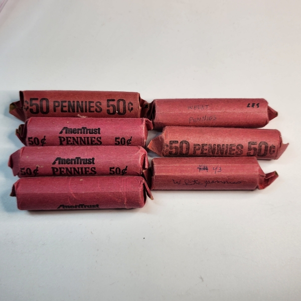 7 Rolls of United States Unsearched United States Pennies, Including 2 Rolls of Wheat - FV: ~$3.50