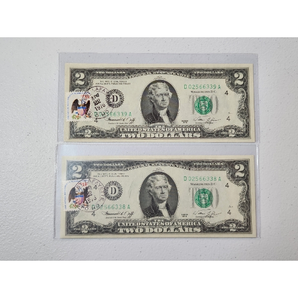 (2) U.S. 1976 $2 Notes With Post Mark & Stamp - Consecutive Serial Numbers - See Description!