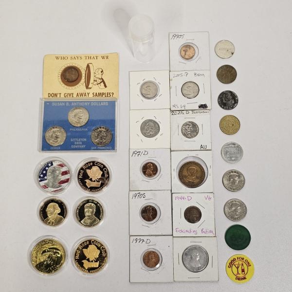 Collection Of U.S. Coins, Commemorative Medallions, Trade Tokens, And Numismatic Novelty Items