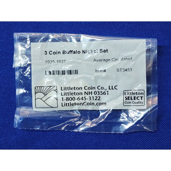 3 Coin Buffalo Nickel Set Average Circulated 1935, 1936, 1937 in Sealed Package - Littleton Coin Co