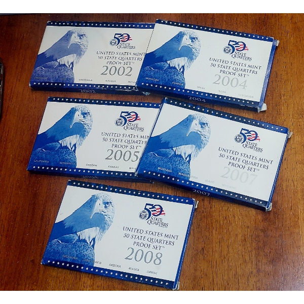 5 Sets US Mint 50 State Quarters Proof Sets - 2002, 04, 05, 07, 08  With COA's  $6.25 Face Val. 