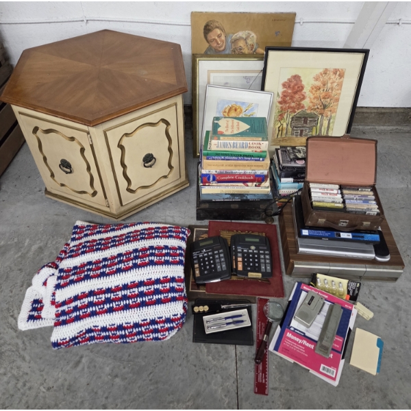 Vintage 21''x28'' Wood End Table, 2 DVD Players, Twin Afgan, Cassette Tapes, Framed Art, & More