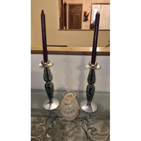 3 Pcs - Pair Of Art Glass & SS Candlesticks & Art Glass Vase - See Pics