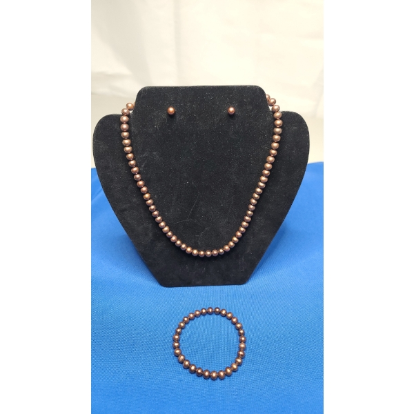 Brown Freshwater Pearl Necklace, Earrings & Bracelet With 10K Gold Clasp & Earring Posts