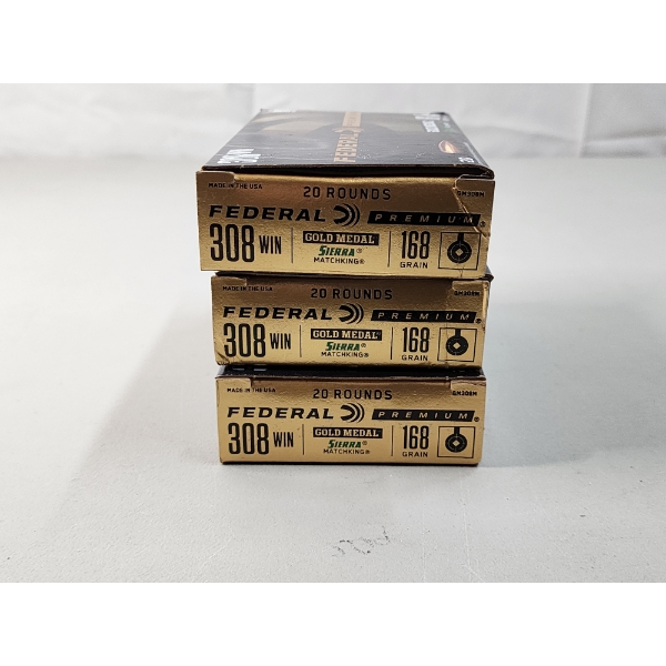 3 Full Boxes of Federal Premium Gold Medal 308 Winchester Ammunition - 60 Rounds Total