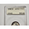 Image 3 : ACCUGRADE MS-64 Graded Silver 1945-S Mercury Dime With Nice Toning 