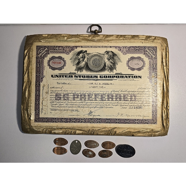 Vintage Stock Certificate Mounted on Wood, (6) Pressed Pennies, Chauffer Badge and Medal