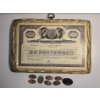 Image 1 : Vintage Stock Certificate Mounted on Wood, (6) Pressed Pennies, Chauffer Badge and Medal