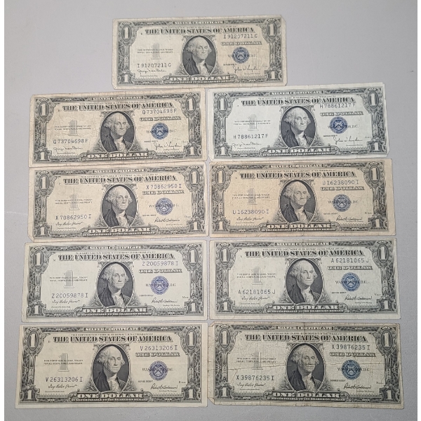 (9) Assorted Series $1 Silver Certificates - Face Value: $9.00