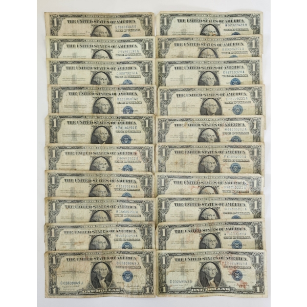 Lot of 20 United States Blue Seal $1 Silver Certificates - Face Value $20.00