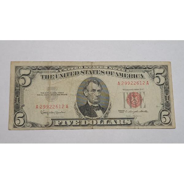 Series 1963 $5 Red Seal Bank Note With Dillon And Granahan Signatures - Face Value: $5.00